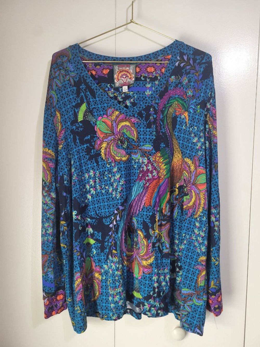 Johnny Was XXL Janie Thalassa Kimono Peacock Floral Tee Shirt Blue Top Boho